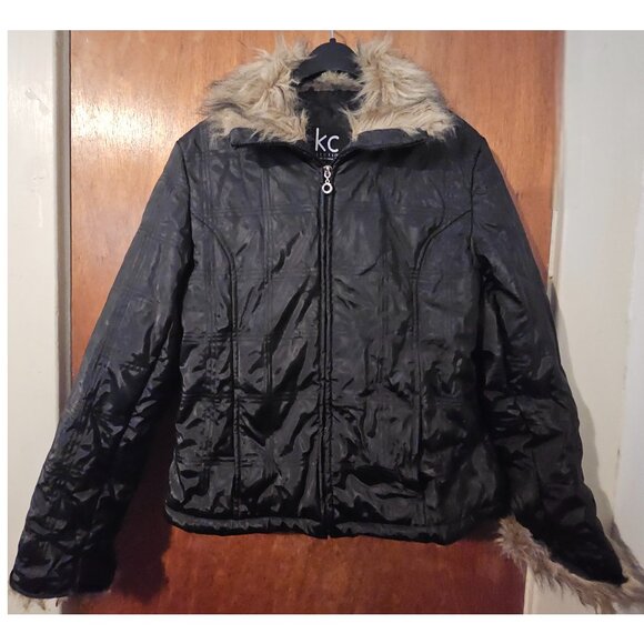 KC Collections M Black Checker Zip Faux Fur Cuff Collar Puffer Winter Storm Coat - Picture 1 of 8
